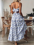 2026Women Floral Spaghetti Strap Maxi Dress V Neck Back Bow Tiered Ruffle Sundress Bohemian Summer Beach Casual Dress