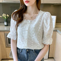 Short Sleeve Lace Hollow Out White Women Blouse Fashion Elegant Summer Vintage Tops Square Collar Shirt