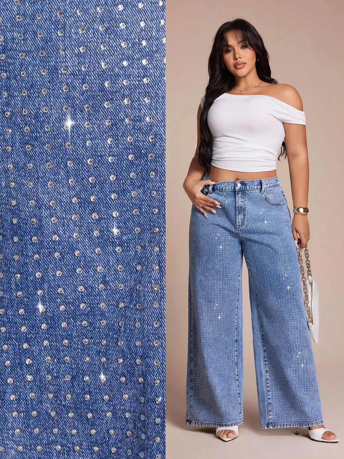 Curvy Plus Size Light Blue Washed Denim Wide Leg Pants, All Over Crystal Rhinestone Y2K High Waist Loose Jeans for Women