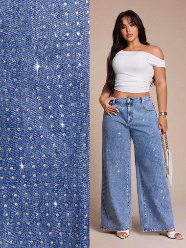 Curvy Plus Size Light Blue Washed Denim Wide Leg Pants, All Over Crystal Rhinestone Y2K High Waist Loose Jeans for Women