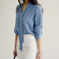Gidyq Fashion Women Chiffon Shirt Korean Elegant Bandage Loose Long Sleeve Tops Casual All Match Office Ladies Pullover Blouse