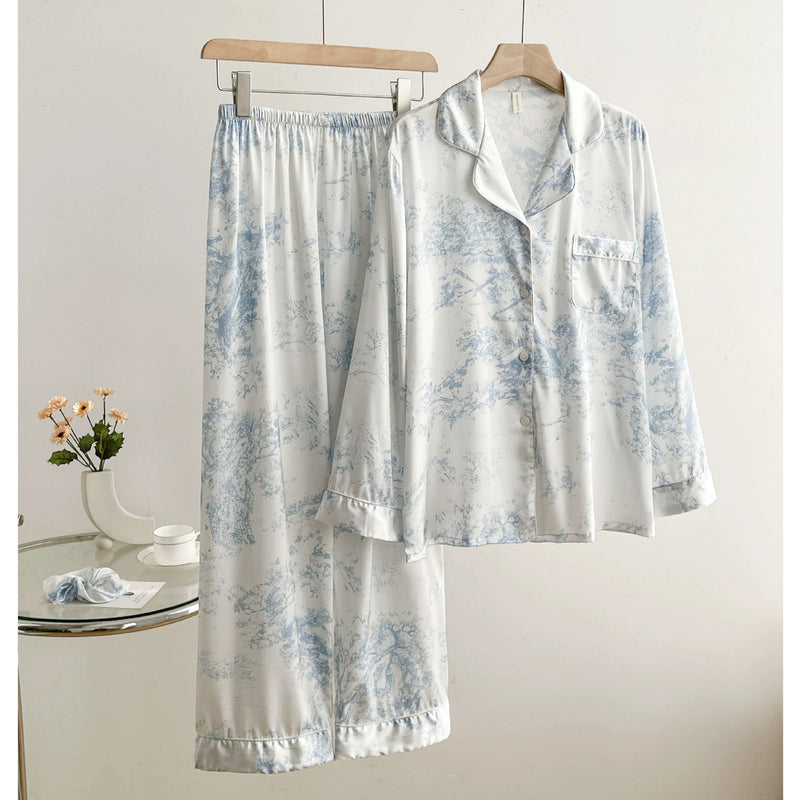 2PCS Pjs Sleepwear Set Sexy Print Women Pajama Trouser Suits Spring New Ice Silk Rayon Night Wear Homewear Loose Loungewear