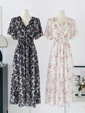Women Summer V Neck Floral Print Chiffon Maxi Dress Short Sleeve High Waist A Line Long Dress Elegant Casual Party Vestidos
