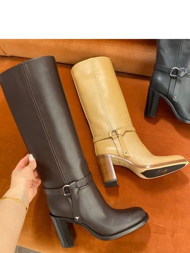 2026Women's Round Toe, Thick High Heels, Mid Length Boots with Side Zipper, Autumn and Winter Fashion, Women's Knee High Boots
