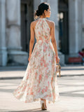 Elegant Floral Print Halter Neck Sleeveless Flowy Chiffon A-Line Long Dress For Women