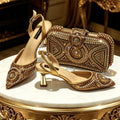 2026 Italian Inspired Coffee Pointed Toe High Heels Matching Handbag Set COMFORT INCLUDED Elegant Wedding Party Shoes for Women