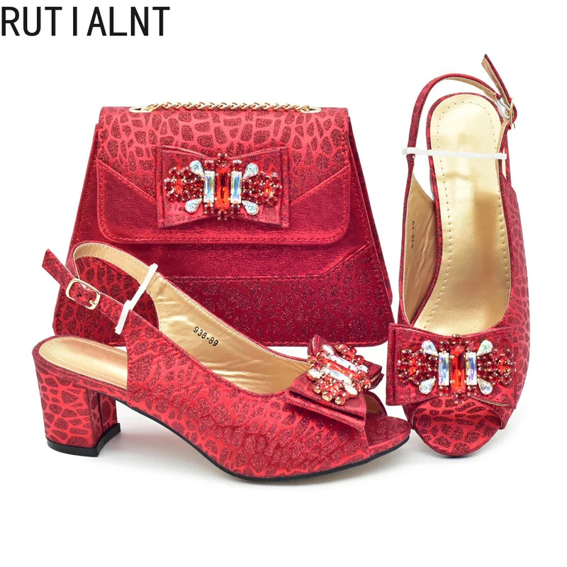Party Women Shoe and Bag Nigerian Shoes and Bags To Match Shoe and Bag Set for Party in Women Italian Wedding Rhinestones Elegant Peep Toe Sandals