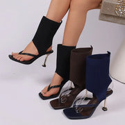 Summer Fashion Knitted Design Square Toe Casual Women's Cool Boots 2026 New Solid Color Clip Toe High Heel Outdoor Women Boots