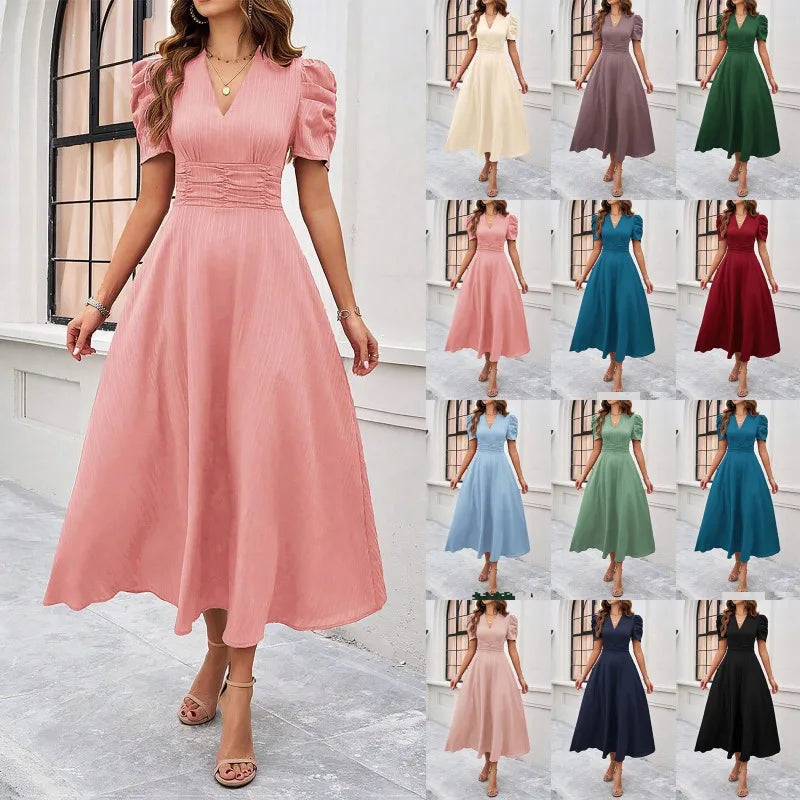 New Women's Short Sleeve Dress Spring and Summer High Waist Pullover V-Neck Dresses Fashion Female Casual Long Dresses