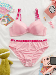 Pink Women's Underwear Set Letter Strap Underwire Push Up Bra Comfortable Thin Cup Daily Lingerie Set