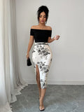 Ladies Spring Summer Shoulder Bared Black Top Spliced Water-Mark Print Split Sexy Elegant Dress Body-Con Silhouette