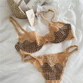 セクシーな Women French Plaid Embroidery Mesh Lingerie Set Soft Underwire Minimizer Bra Uplift Sheer Mesh Ladies Underwear 32-38 Set