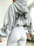 Women Cropped Hoodie Gothic Thorn Butterfly Back Print Long Sleeve Casual Daily Streetwear Dark Aesthetic Soft Sweatshirt