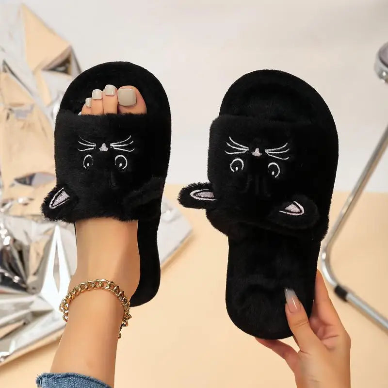 Casual Fluffy Slippers Women Home Flat Cat Cartoon Luxury Designer Shoes Girls Autumn Elegant Indoor Fashion Footwear Large Size