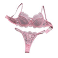 Pink Eyelash Floral Lace Lingerie Set Women Underwire Sheer Mesh Bra & Thong Sexy Intimate Underwear ZA826333