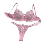 Pink Eyelash Floral Lace Lingerie Set Women Underwire Sheer Mesh Bra & Thong Sexy Intimate Underwear ZA826333