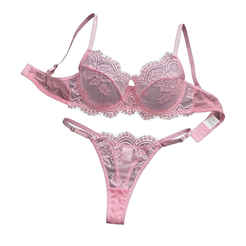 Pink Eyelash Floral Lace Lingerie Set Women Underwire Sheer Mesh Bra & Thong Sexy Intimate Underwear ZA826333