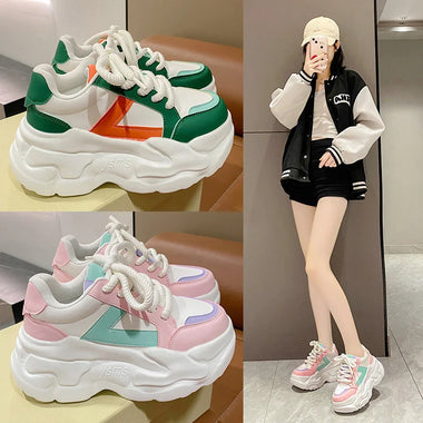 Women New Autumn Fashion Hidden Heels Sports Dad Shoes  Spring Platform  Leather Sneakers