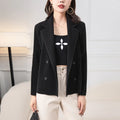 Miyake Pleated Women Cream Ribbed Knit Blazer Lapel Double Breasted Long Sleeve Slim Jacket Elegant Office Outerwear