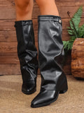Winter Women's Fashion Folding Knee-high Boots Solid Color Non-slip Thick-soled Wide-leg PU Leather Fashion Boots Botas Mujer