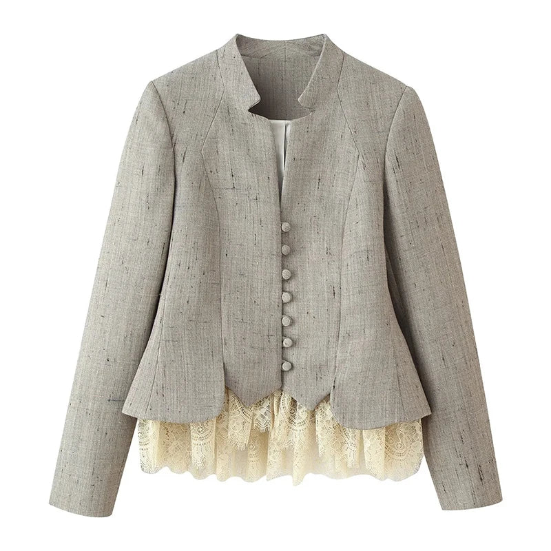 YENKYE Spring Autumn Women Patchwork Elegant Blazer Long Sleeve Single Breasted Lace Hem Peplum Outerwear