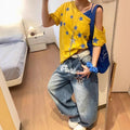 Retro American Spicy Girl Star Embroidery Wide Leg Knife Edge Jeans Women Loose Slim Straight Floor-Length Trousers Trendy