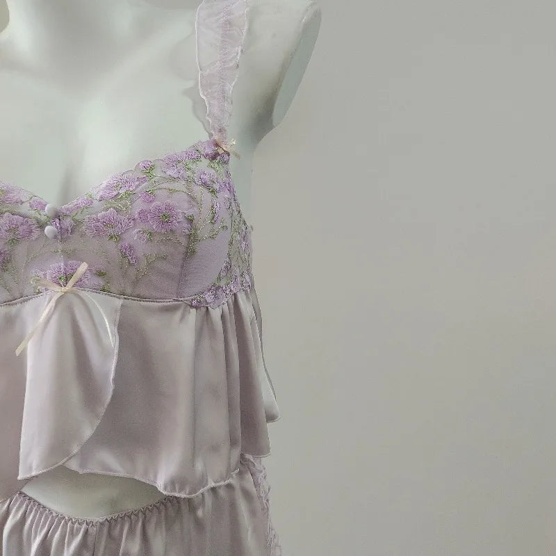 French Court Ice Silk Suspender Sleep Tops & Shorts Pajamas with Chest Pads Sexy Soft Thin Lace Embroidery Home Clothes Set
