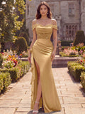 Gold Off Shoulder Satin Evening Dress Sparkly Beaded Bodice Ruched Mermaid Gown High Slit Ruffle Formal Prom Wedding Guest Dress