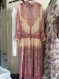 Autumn Holiday Pink Maxi Dress Women Clothing Turleneck Long Lantern Sleeve Flower Retro Print Belted Chiffon Loose Vestidos