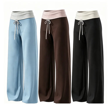 High-Waisted Color-Block Straight-Leg Sports Pants for Women, Loose Fit with Drawstring, Slimming Wide-Leg Yoga Pants, Casual Br