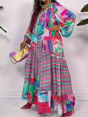 Women Plus Size V-Neck Long Sleeve Maxi Dress Color Tropical Print Striped Tiered Ruffle Loose Flowy Beach Bohemian Long Dress