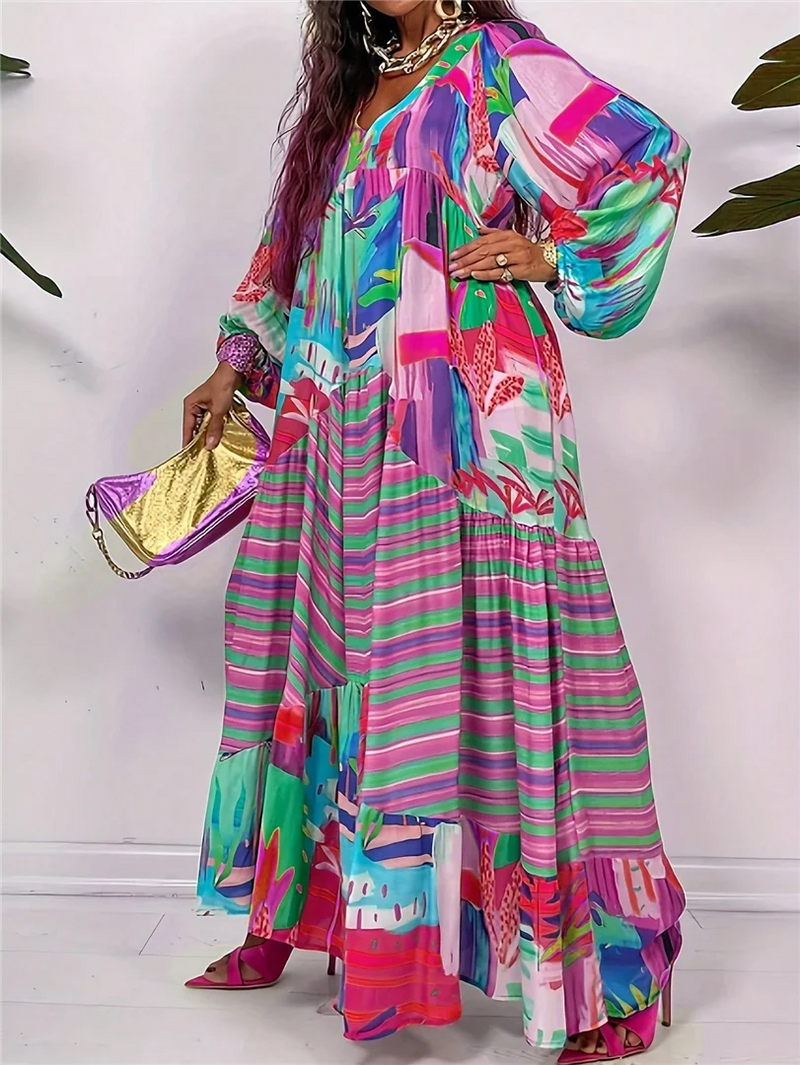 Women Plus Size V-Neck Long Sleeve Maxi Dress Color Tropical Print Striped Tiered Ruffle Loose Flowy Beach Bohemian Long Dress