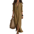 Women Dresses 2026 Spring/Summer Casual Solid Color Lapel Front Slit Long Dress Women's Clothing Vestidoes