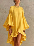Elegant Solid Dress O Neck Loose Ruffled Asymmetrical Hem Flare Sleeve Dress Fashion Casual Summer Holiday Party Dresses