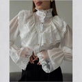 Women Victorian Lace Ruffle Blouse Stand Collar Sheer Puff Long Sleeve Elegant Vintage Shirt Tops