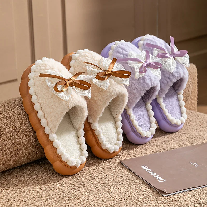 Bow 2026 New Cotton Slippers Women's Winter Indoor Home Soft Sole Non-Slip Warm Plush Thick-Soled Confinement Shoes
