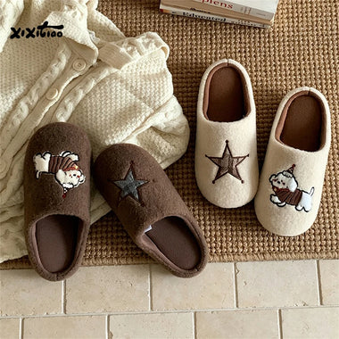 XIXITIAO Winter Japanese-style Flat Cotton Slippers Men Women Fashion Cute Puppy Soft Bedroom House Shoes Indoor Antislip Slides