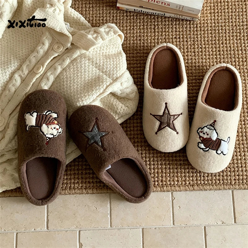 XIXITIAO Winter Japanese-style Flat Cotton Slippers Men Women Fashion Cute Puppy Soft Bedroom House Shoes Indoor Antislip Slides