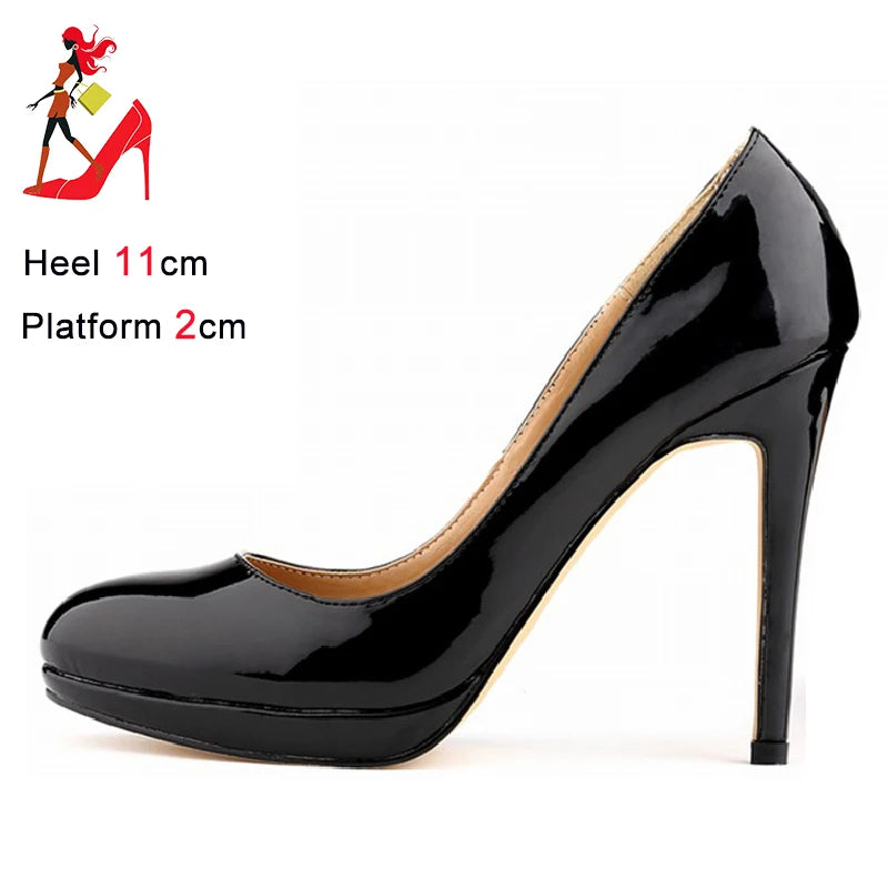 Women Platform Pumps PU Leather Concise Work Lady Shoes Spring Autumn Female Party Dress High Heels Black Red 11CM Stiletto Shoe
