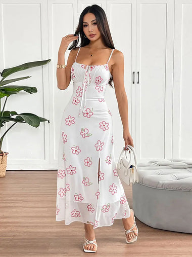 Women Sling Maxi Dresses Summer New Streetwear Fashion Lace-up Split Pink Sexy Print Dress Lady  Backless Knitted Dress Clothing
