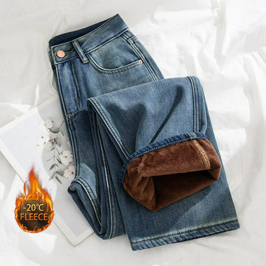 Winter Wide Leg Jeans for Woman Y2k Denim Fleece Pants Trousers High Waist Loose Fit Stretch Comfort Retro Fashion Warmth Jeans