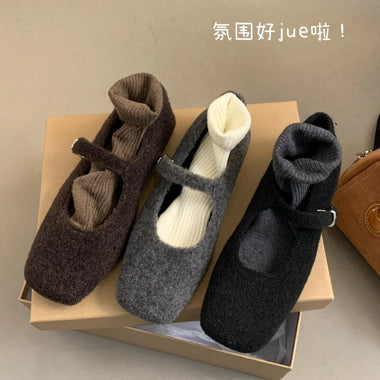 Women Mary Jane Flats Faux Suede Buckle Ladies Ballet Autumn Winter Woollen Soft Casual Ladies Walking Shoes Women's Shoes 521
