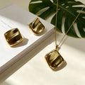 1Set Irregular Square 2Pcs Jewelry Set, Polished Concave Pendant Necklace Stud Earrings For Women Luxury Daily Wear