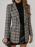Women's Color-Block Plaid Flat-Lapel Single-Breasted Blazer
