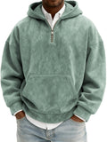 Hoodie Sweatshirt Men's American Retro Suede Half Zipper Hoodie Oversized Solid Hooded Sweatshirt Autumn Winter Casual Pullover With Kangaroo Pkt