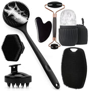 Face Massager Brush 7/4/3Pcs Shower Body Care Set Long Handle Silicone Back Brush Hair Scalp Massager Exfoliate Face Roller Gua Sha Massage Tools