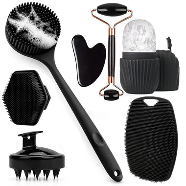 Face Massager Brush 7/4/3Pcs Shower Body Care Set Long Handle Silicone Back Brush Hair Scalp Massager Exfoliate Face Roller Gua Sha Massage Tools