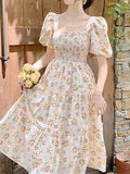Floral New Style Waist Covering Female Blossoms Slimming Mid-length Dress