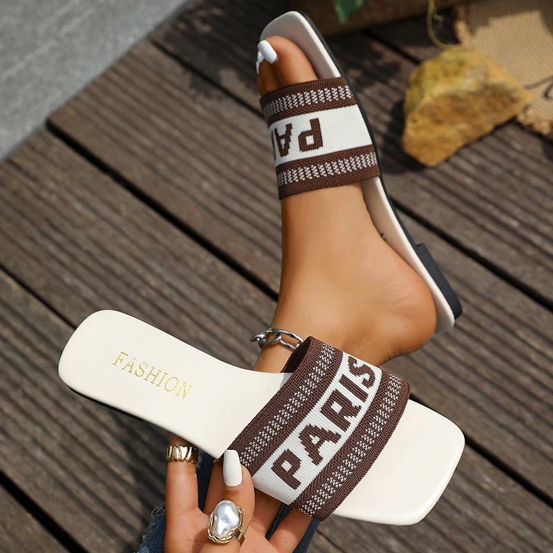 Fashion Mixed Colors Letter Flat Slippers Women Plus Size Light Square Toe Casual Slippers Comfort Soft Sole Anti Slip Slides