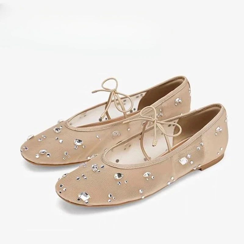 YNPO Fashion Lace Up Mary Jane Shoes Women Elegant Ballet Flats Crystal Rhinestone Mesh Round Toe Loafers Ladies Mules Sandals